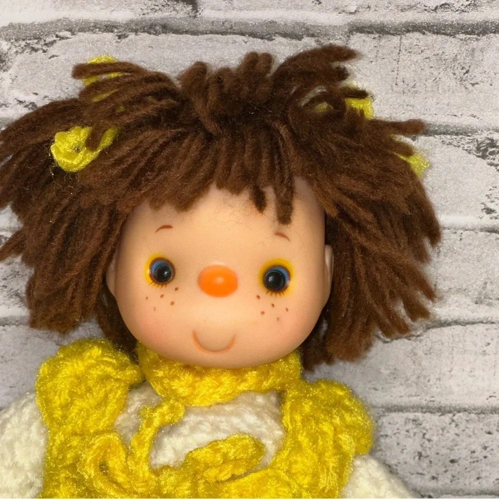 Vintage Hand Crochet Doll with Knitted Yellow Dress 11in Tall Yellow White